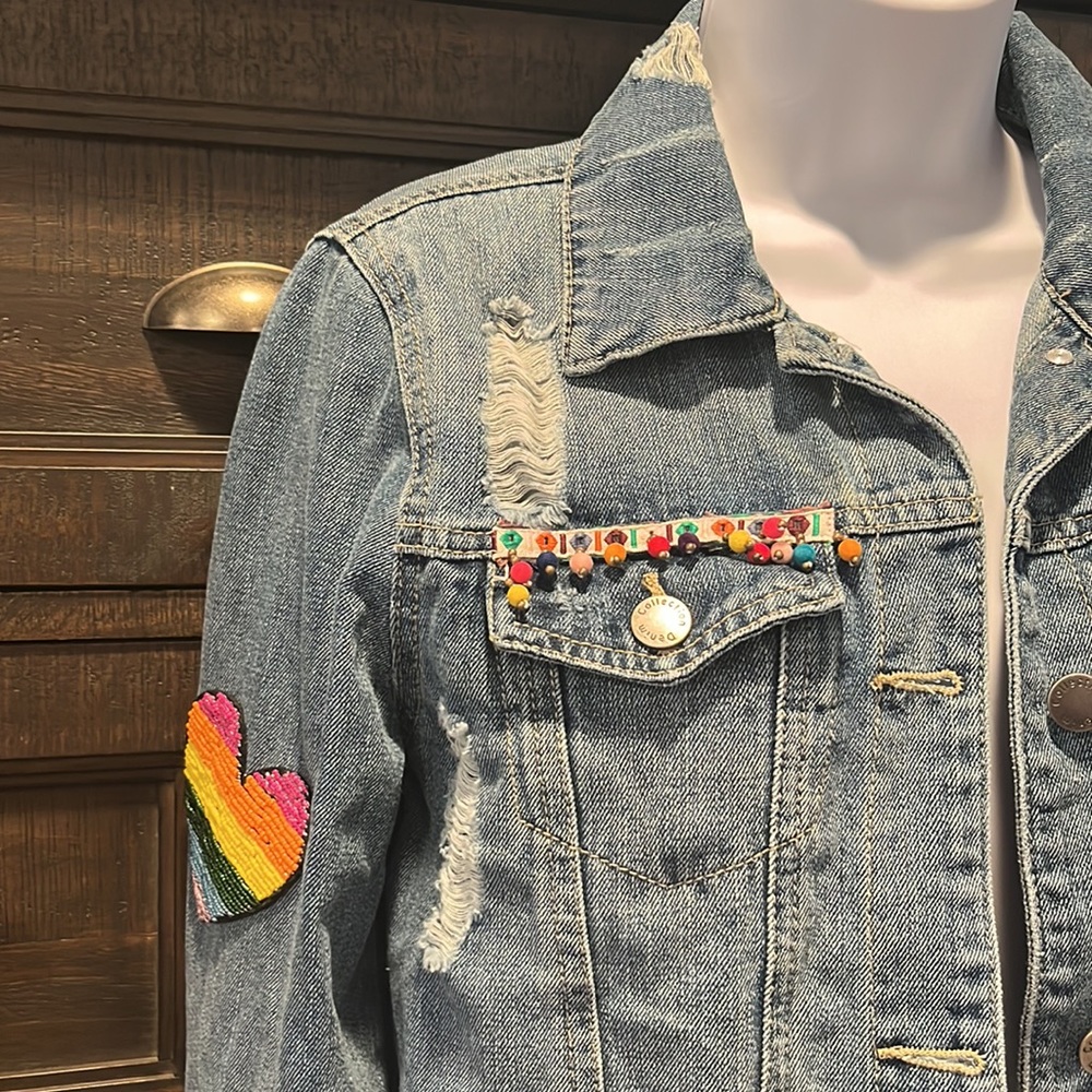 Denim Jacket with colorful embellishments, rainbow pride, hearts, Medium, eras